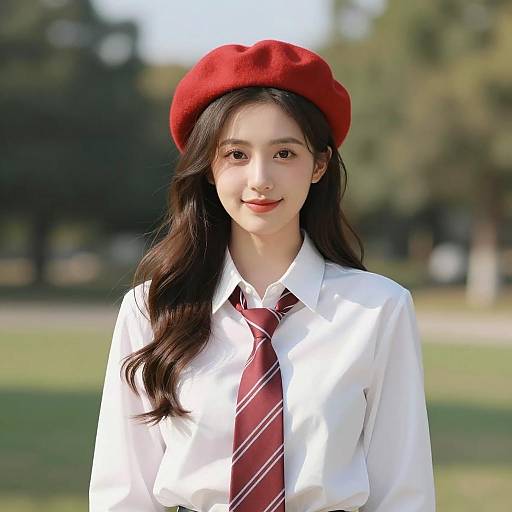 Asian Woman in Red Beret and White Blouse Outdoors
