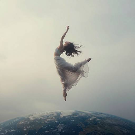 Photograph of a woman with flowing brown hair in a translucent white dress, jumping mid-air above a partially visible Earth, against a bright, ethereal