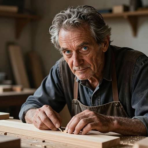 Photograph of an older man with gray hair and blue eyes, intently carving wood in a dimly lit workshop, wearing a dark blue shirt and