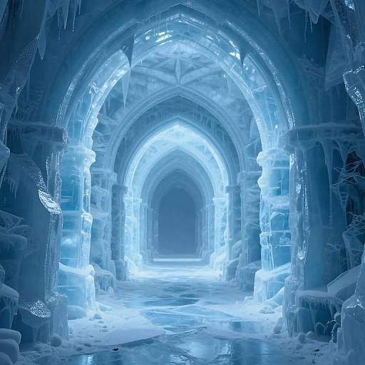 Photograph of an illuminated, crystalline ice cave with glowing blue light, arching icicles, and frozen, textured walls creating a mystical, eth