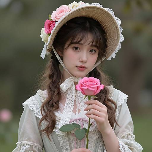 Photograph of an Asian girl with fair skin, brown eyes, and wavy brown hair, wearing a lace-trimmed dress and straw hat adorned