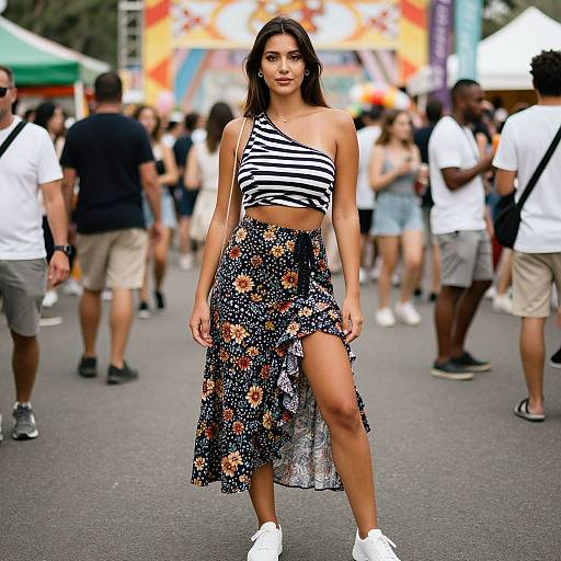 Photograph of a young woman with long dark hair, wearing a black-and-white striped crop top and a floral, high-waisted, asymmetrical