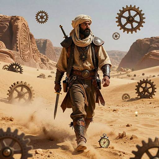 Photograph-style CGI of a bearded man in desert gear with a turban, sword, and gear-filled background, walking through sandy desert.