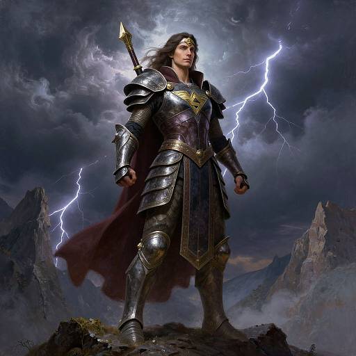 Digital artwork of a muscular, long-haired man in dark, ornate armor with a sword, standing amid lightning on a rocky mountain.