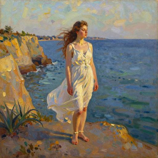 Impressionist-style painting of a young woman with long brown hair in a flowing white dress, standing on a rocky coastline, ocean in background, wearing