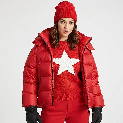 Photograph of a woman wearing a red puffer jacket, red beanie, red sweater with white star, and black gloves against a white background.