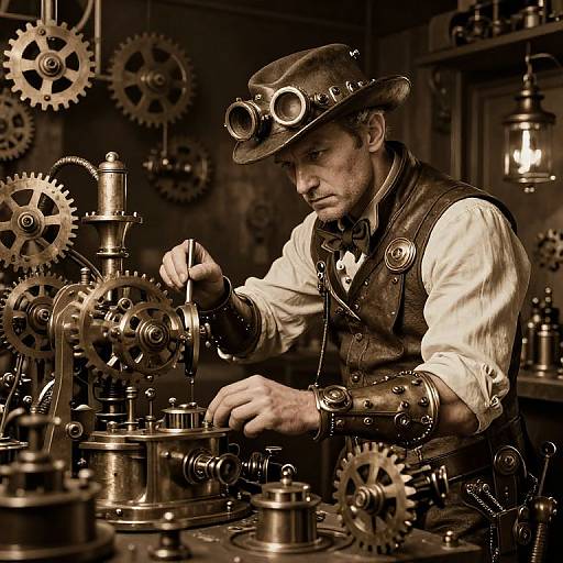 Steampunk-style photograph of a focused man in vintage goggles and vest, adjusting intricate brass gears and cogs in a dimly lit workshop. Sep