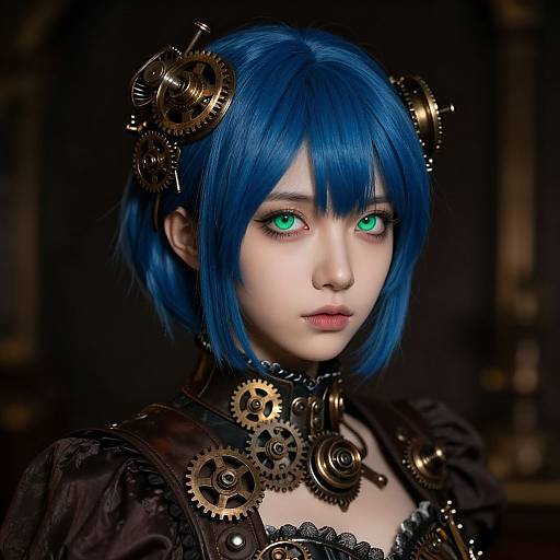 Digital art of a pale-skinned woman with vibrant blue hair, green eyes, and steampunk gears in her hair and attire. Dark, blurred