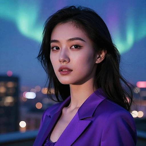 Photograph of an Asian woman with long black hair, wearing a purple jacket, against a night cityscape with colorful aurora lights.