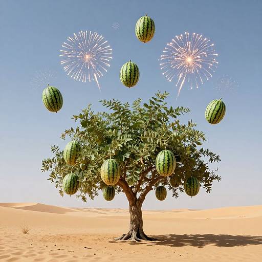 Digital illustration of a watermelon tree with green watermelons floating mid-air, set against a bright blue sky with fireworks, in a sandy desert landscape