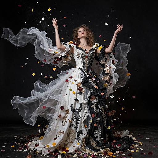 Photograph of a curly-haired woman in a black-and-white, floral-embellished, tulle dress, arms raised, surrounded by falling flower