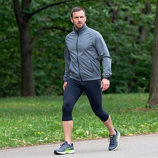 Photograph of a bearded man jogging in a park, wearing a gray jacket, black capri leggings, and blue-green running shoes. Background: