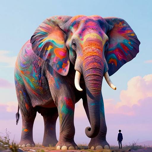 Photograph of a massive, vibrantly painted elephant with rainbow and neon colors, standing against a clear blue sky, with a small, dark silhouette of