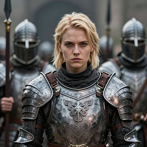 Photorealistic CGI of a blonde woman in medieval silver armor with a detailed cross emblem, standing serious among armored soldiers.
