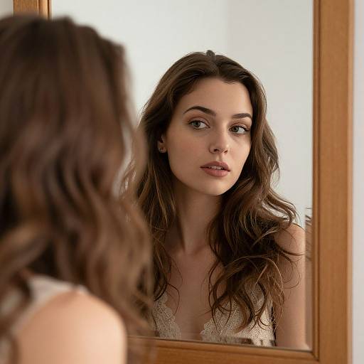 Photograph of a brunette woman with wavy hair, wearing a lace top, standing in front of a wooden-framed mirror, gazing at her