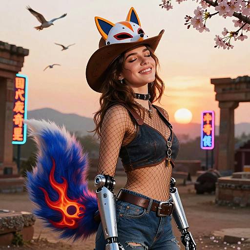 Sunset Serenity with Robotic Fox Elements