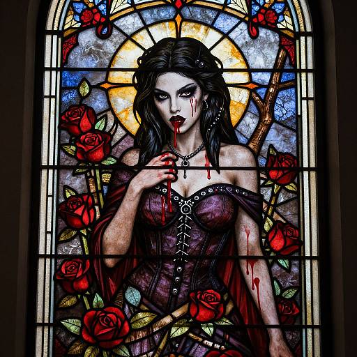 Gothic-style stained glass window depicting a pale, blood-stained woman with black hair, red roses, and a cross necklace, holding a blood
