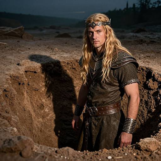 Photograph of a muscular man with long blonde hair, wearing a Viking-style black leather outfit and metal headband, standing in a rocky, sunlit