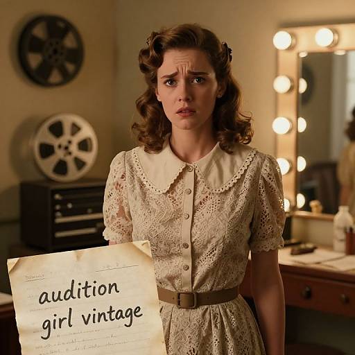 Photograph of a 1940s-style woman with curly brown hair, wearing a cream lace dress, holding a paper labeled 