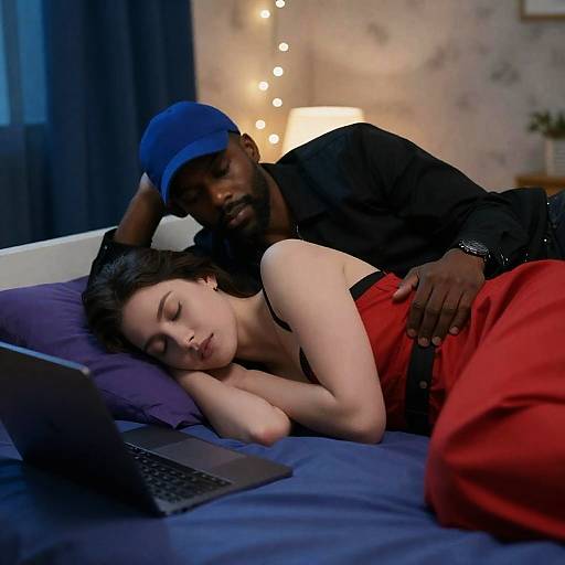 Couple Relaxing on Bed with Laptop