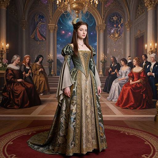 Photograph of a young woman in an ornate, medieval-style gown with gold and blue patterns, standing in a grand, candlelit hall with seated