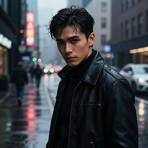 Charismatic Man in Noir Cityscape