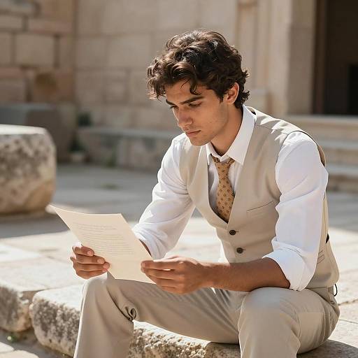Focused Young Man in Ancient Ruins