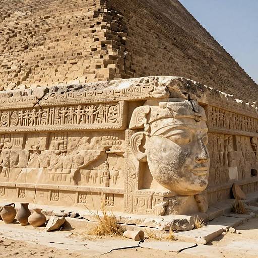 Photograph of an ancient Egyptian temple with a massive, weathered stone head carving and detailed hieroglyphics on a massive, sunlit limestone pyramid