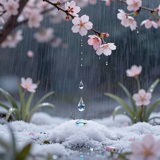 Photograph of pink cherry blossoms with droplets of water hanging from branches, falling onto a snowy ground, creating a delicate, serene winter scene.