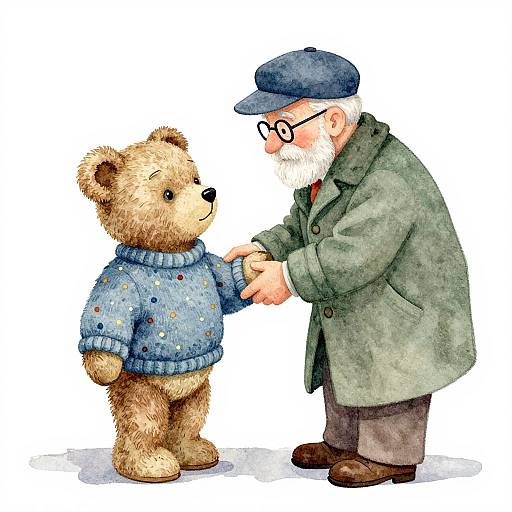 Watercolor Elderly Man with Teddy Bear