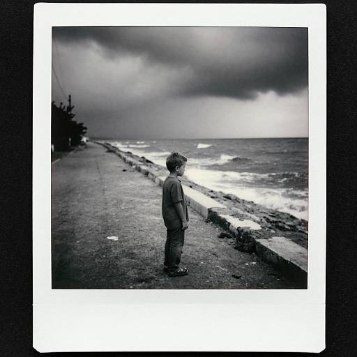 Black-and-white photograph of a young boy standing alone on a stormy beach, facing the turbulent ocean with dark, cloudy sky.