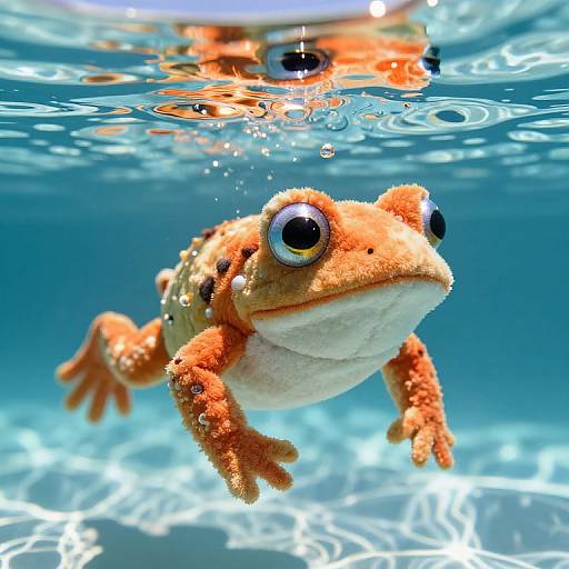 Photograph of an orange frog with large, round black eyes, swimming underwater in clear, blue-tinted water with sunlight reflections.