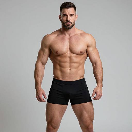Photograph of a muscular, bearded man with short dark hair, wearing black boxer briefs, standing against a plain white background.
