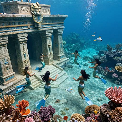 Photograph of three women snorkeling in blue ocean near an underwater temple, wearing blue flippers, surrounded by colorful coral and fish.