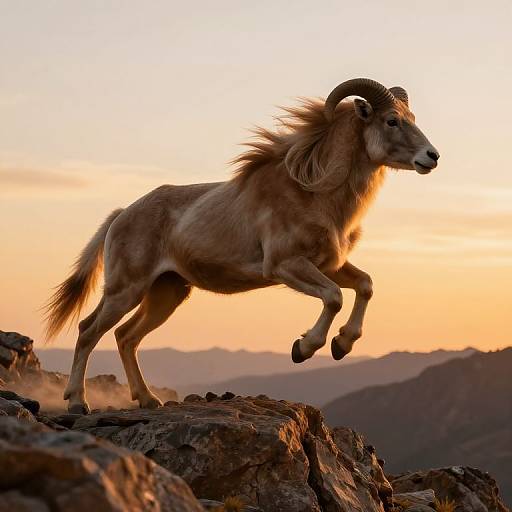 Photograph of a powerful, brown, ram with curved horns, leaping over rocky terrain at sunset, with an orange and yellow sky in the background