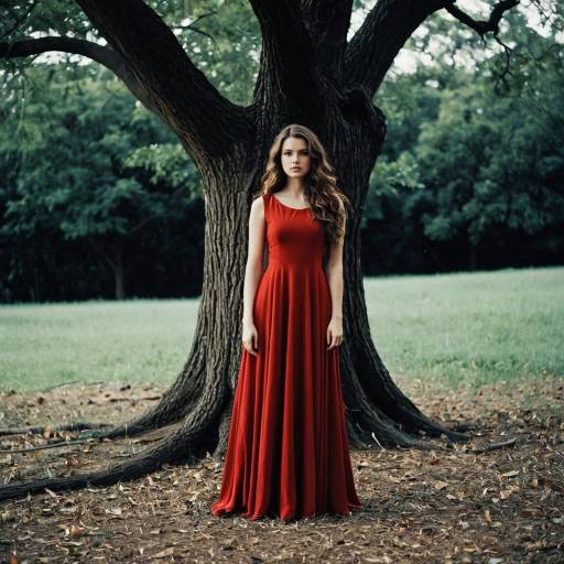 Elegant Girl in a Red Dress Outdoors