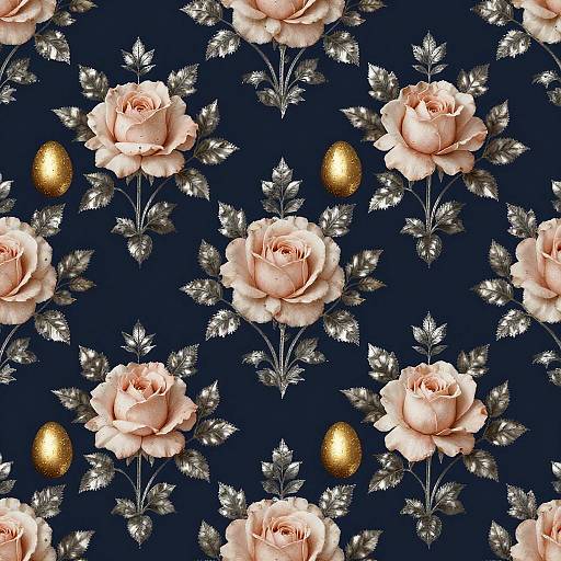Digital pattern of pale pink roses with silver leaves and golden bulbs on a navy blue background.
