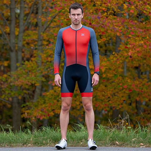 Photograph of a muscular, white male triathlete with short brown hair, wearing a red and gray long-sleeve tri-suit and black and