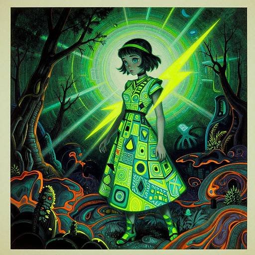 Digital illustration of a girl with short black hair, wearing a neon yellow geometric dress and green headband, standing in a dark, glowing forest with vibrant