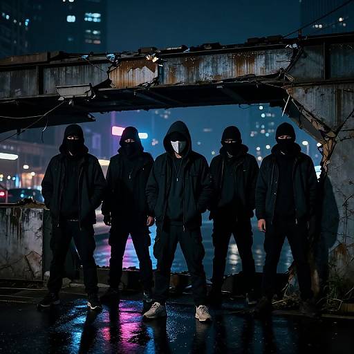 Photograph of four masked, hooded men in dark clothing standing under a rusted, urban bridge at night, with neon city lights in the background