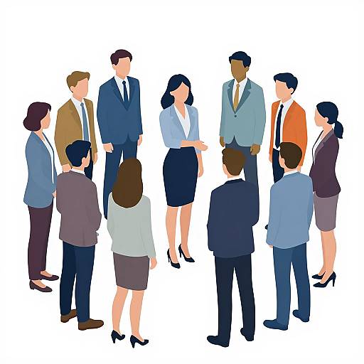 Illustration of a diverse group of 11 business professionals in formal attire, standing and talking, with white background.