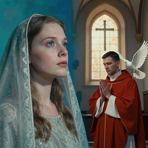 Photograph of a solemn young woman in a lace veil, blue-eyed, beside a praying priest in red robes, with a white dove in flight behind