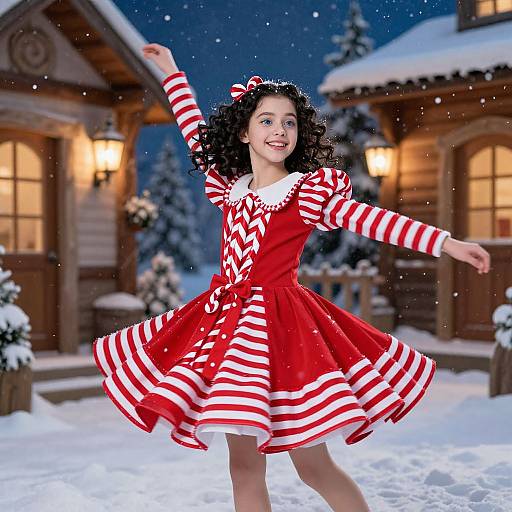 Photograph of a curly-haired girl in a red and white striped Christmas dress, dancing in a snowy, lantern-lit wooden houseyard at night.