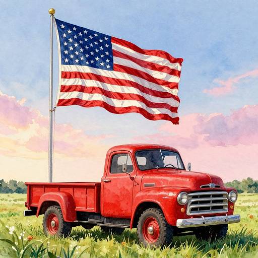 Bright red vintage pickup truck with an American flag on a pole in the background, parked in a grassy field. Digital painting style.