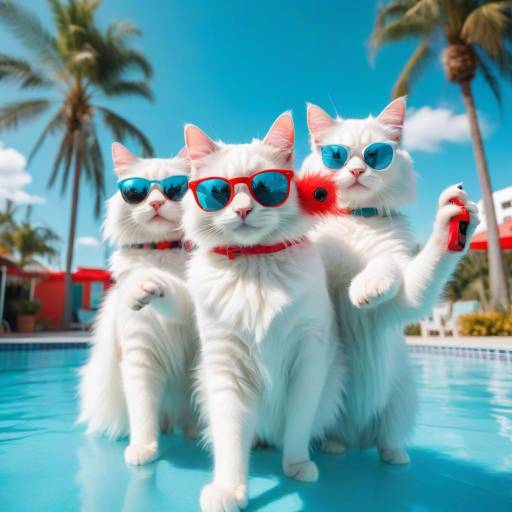 Playful Cats Enjoying a Poolside Selfie