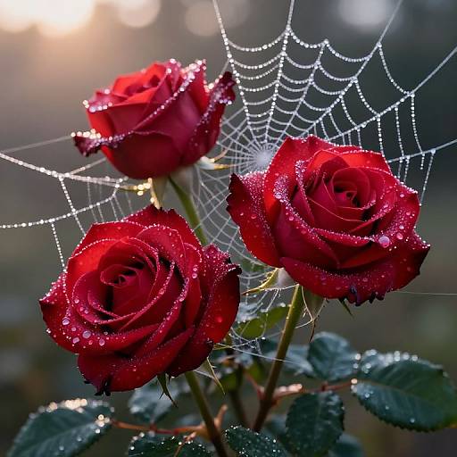 Dew-Kissed Red Roses in Spider Web