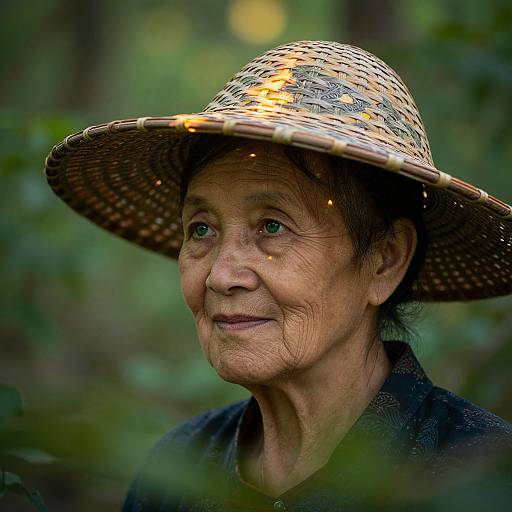 Photograph of an elderly Asian woman with wrinkled skin, green eyes, and a woven straw hat, looking slightly to the right, blurred forest background