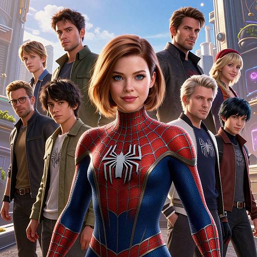CGI image of diverse superheroes in city street, front female Spider-Woman in red-blue spider suit, surrounded by serious, stylish team.
