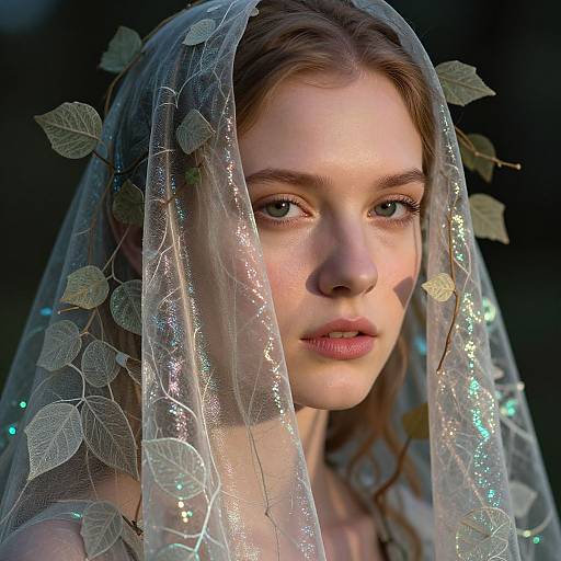 Photograph of a young woman with fair skin, light brown hair, and blue eyes, wearing a transparent veil with leaf and sparkly patterns, illuminated