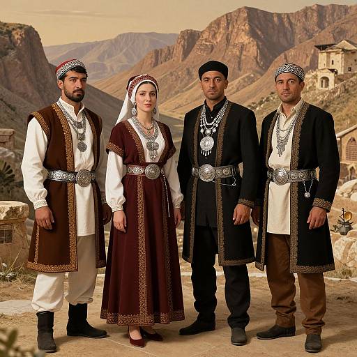 Photograph of four Middle Eastern men and one woman in traditional, ornate clothing with silver jewelry, standing in a desert village with rocky mountains in the
